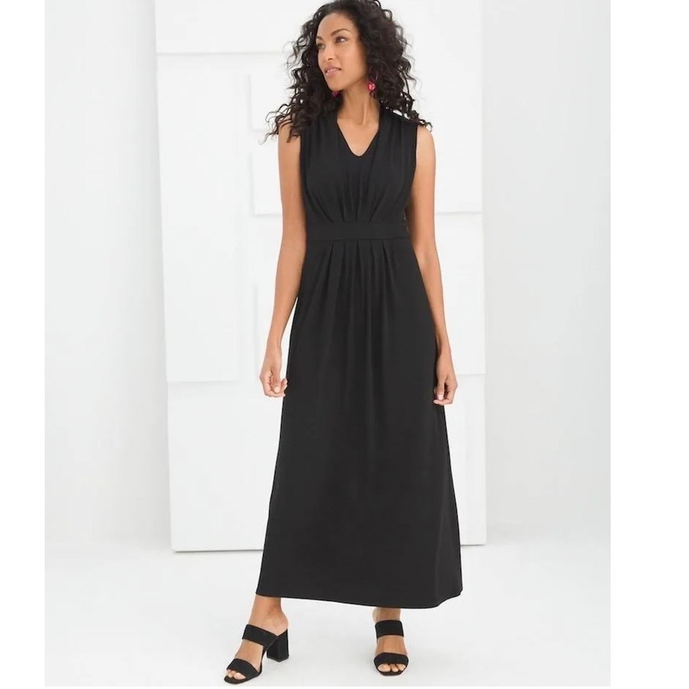 NEW Chico's 2 Classic Solid Black Pleated Maxi Dress Stretchy Sleeveless 12 14